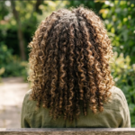 Back view of defined curly hair with brown and blonde highlights