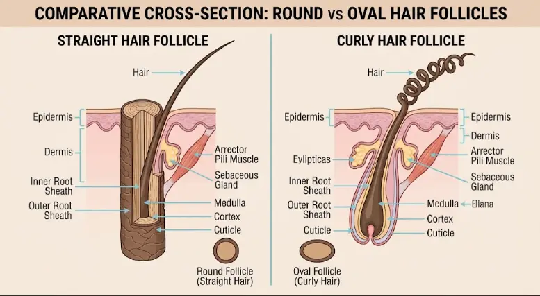 Diagram comparing round and oval hair follicle shapes for straight and curly hair