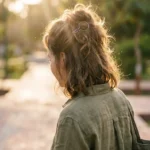 Woman with frizzy flyaway hair in natural light