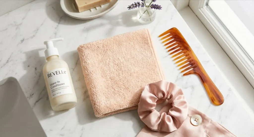 Anti frizz hair care essentials including microfiber towel and leave-in conditioner