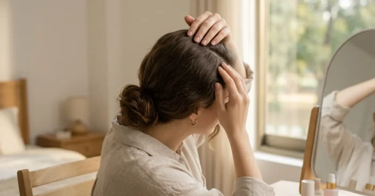 Woman checking her scalp health while parting her hair