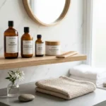 Simple hair care routine products arranged on a bathroom shelf