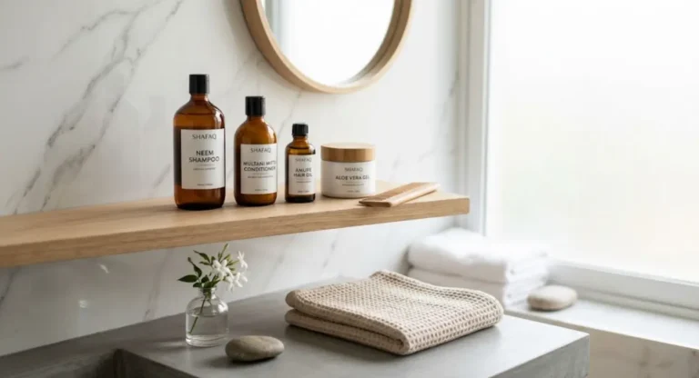 Simple hair care routine products arranged on a bathroom shelf