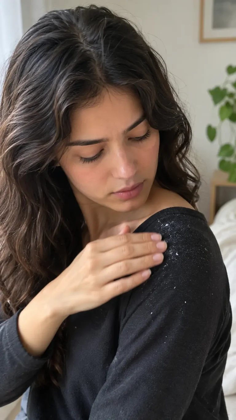 White flakes on shoulders from a flaky scalp, showing dandruff or dry scalp.