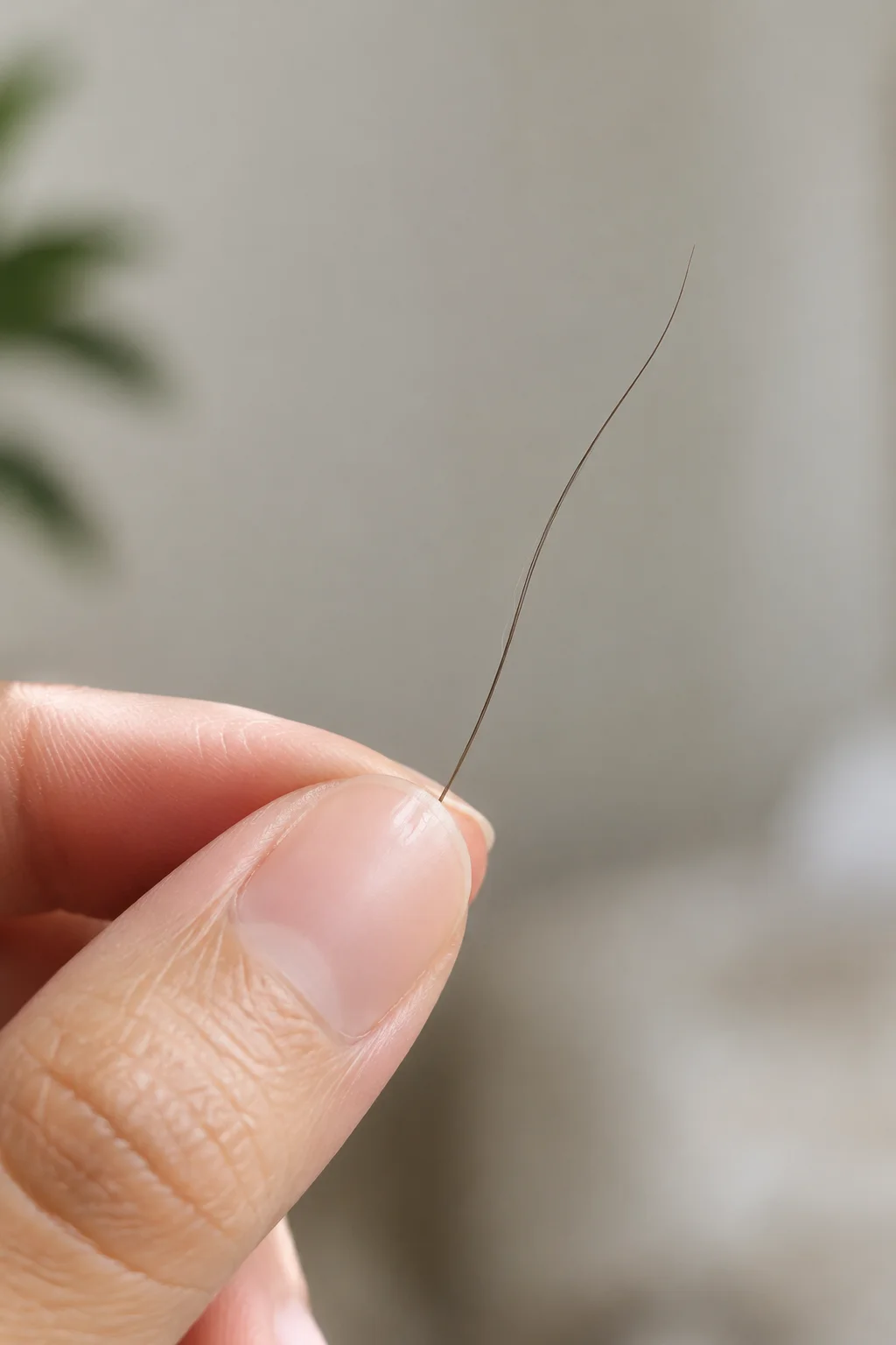 Hair strand held between thumb and finger to test thickness
