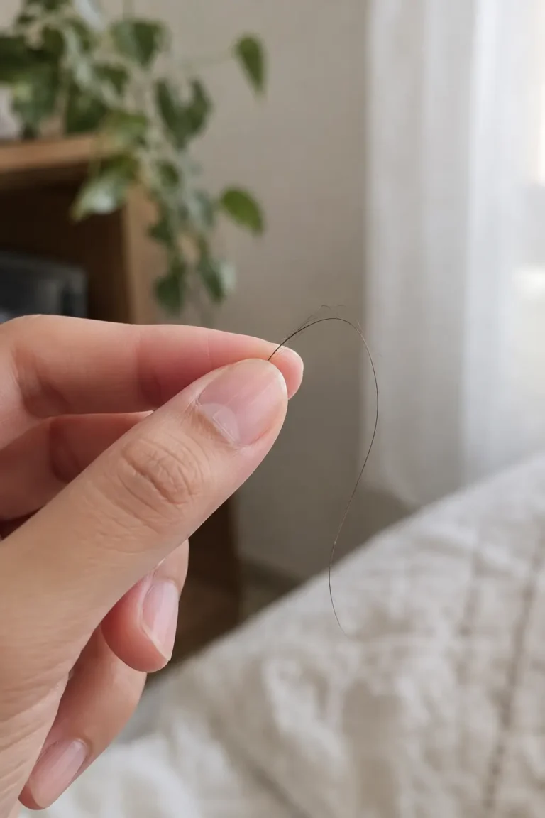 Person gently checking a shed hair strand to compare signs of dryness, weakness and protein-heavy buildup.