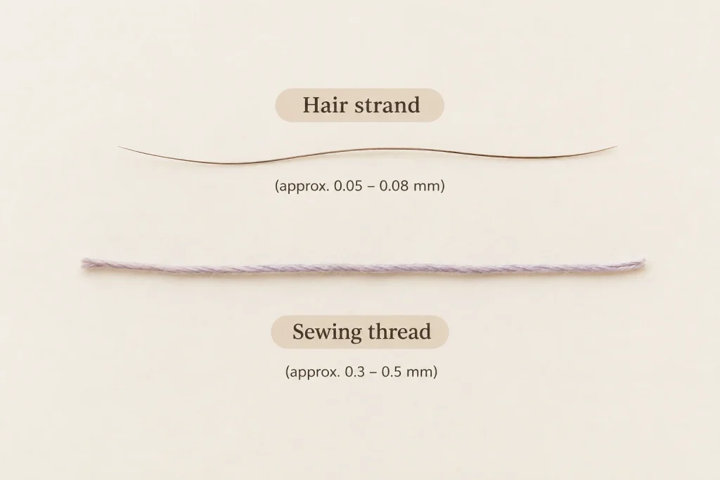 Hair strand compared with sewing thread to check hair thickness