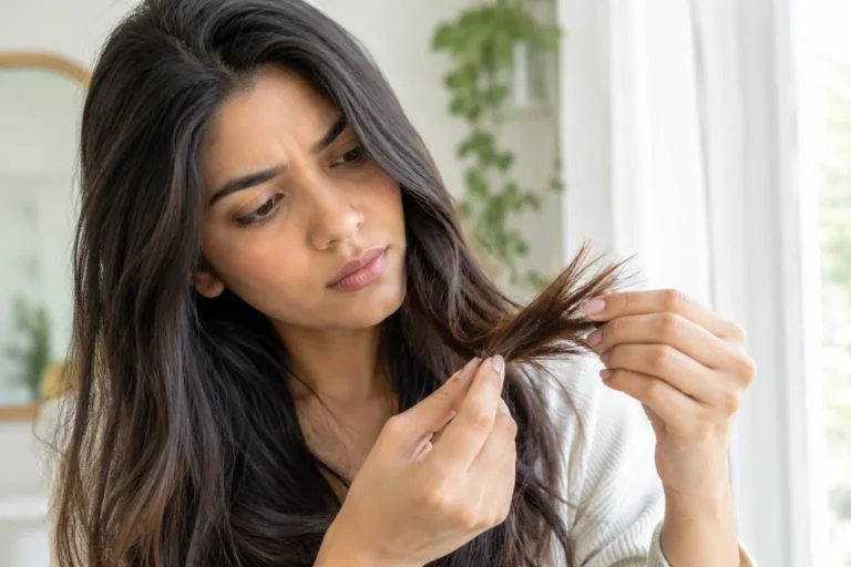 Person measuring hair length to track growth