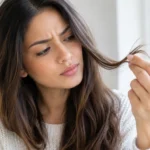 Woman examining her hair strand to check porosity
