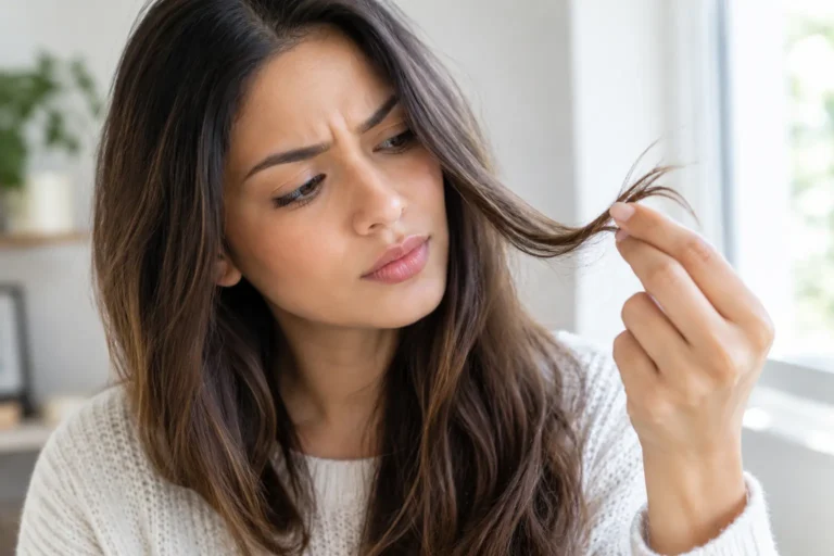 Woman examining her hair strand to check porosity
