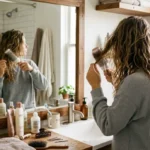 Person styling hair in front of a mirror
